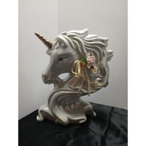 VINTAGE IRIDESCENT PEARL LUSTERWARE CERAMIC UNICORN Head Bust Statue 9"
